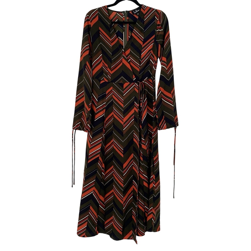 Lulus‎ Midi Dress Women S Olive Orange Chevron Stripe Faux Wrap Retro Boho 70s